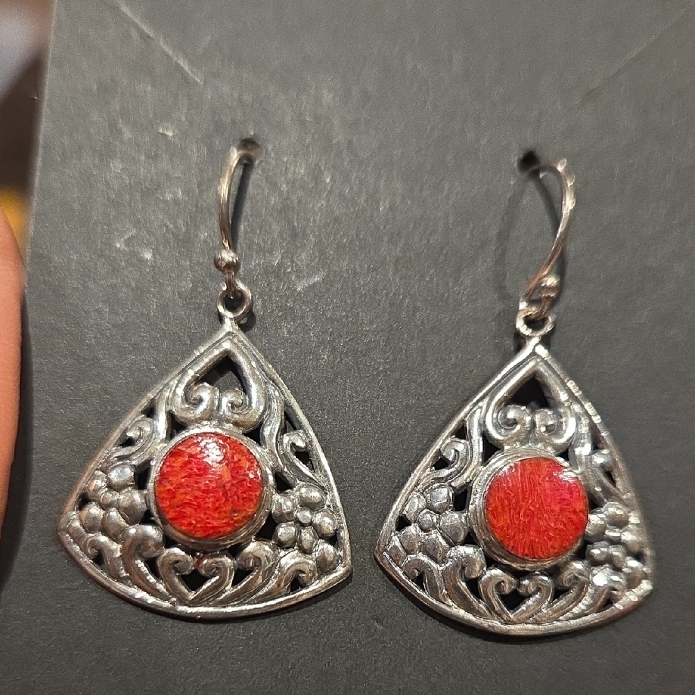 Elegant Silver and Red Dangle Earrings Sterling Silver